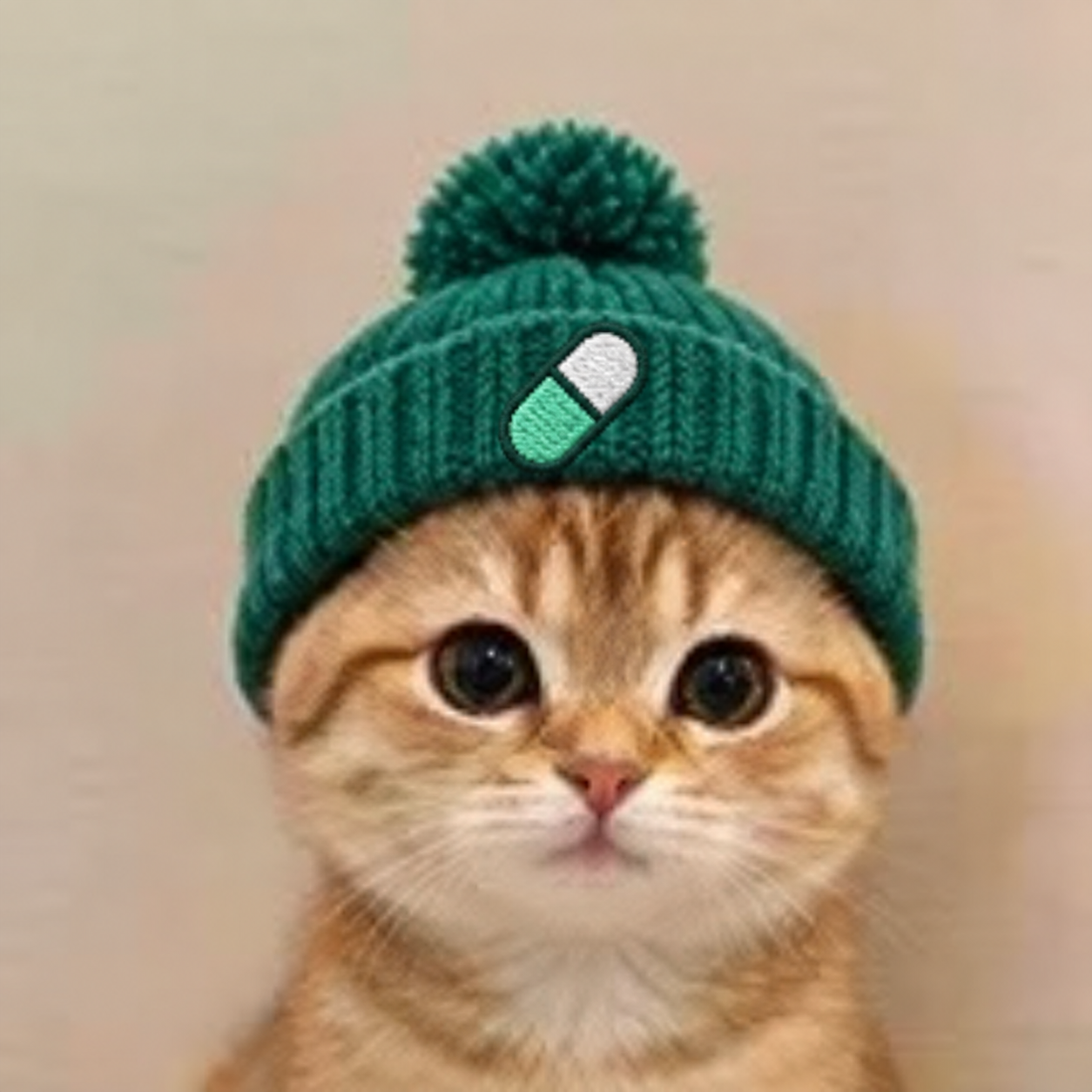 A tiny golden kitten in a green knitted beanie with the Pump.fun capsule
